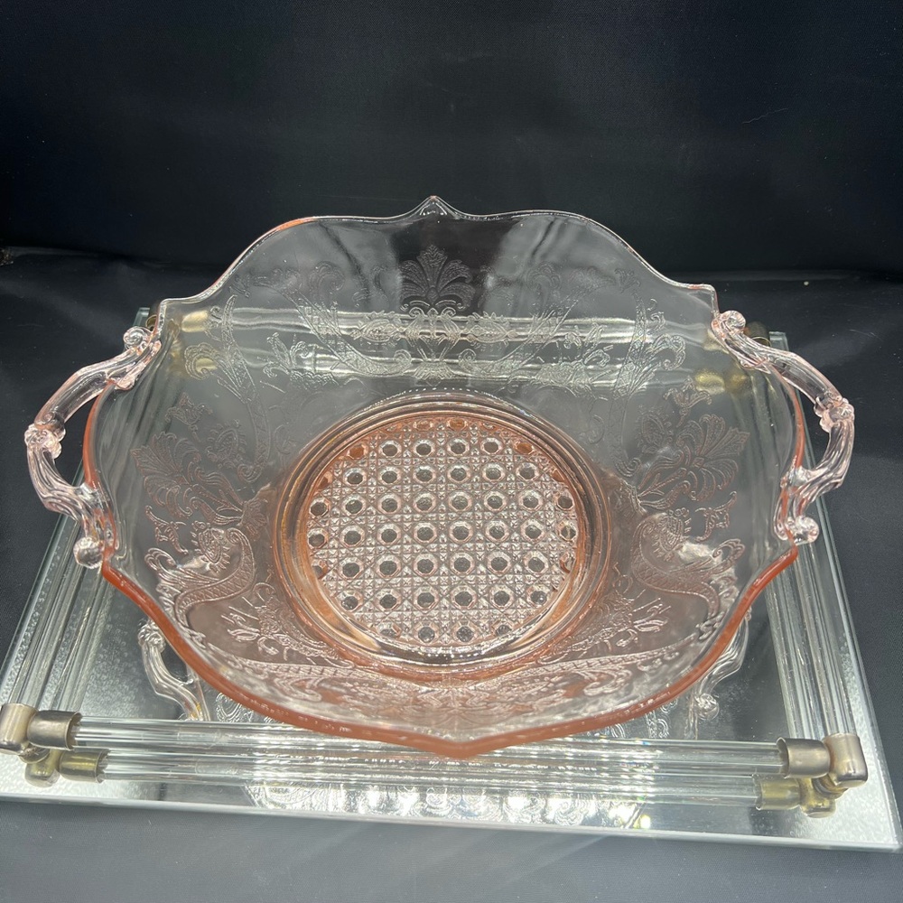 Vintage Lancaster Pink Depression Glass Handled Serving Dish